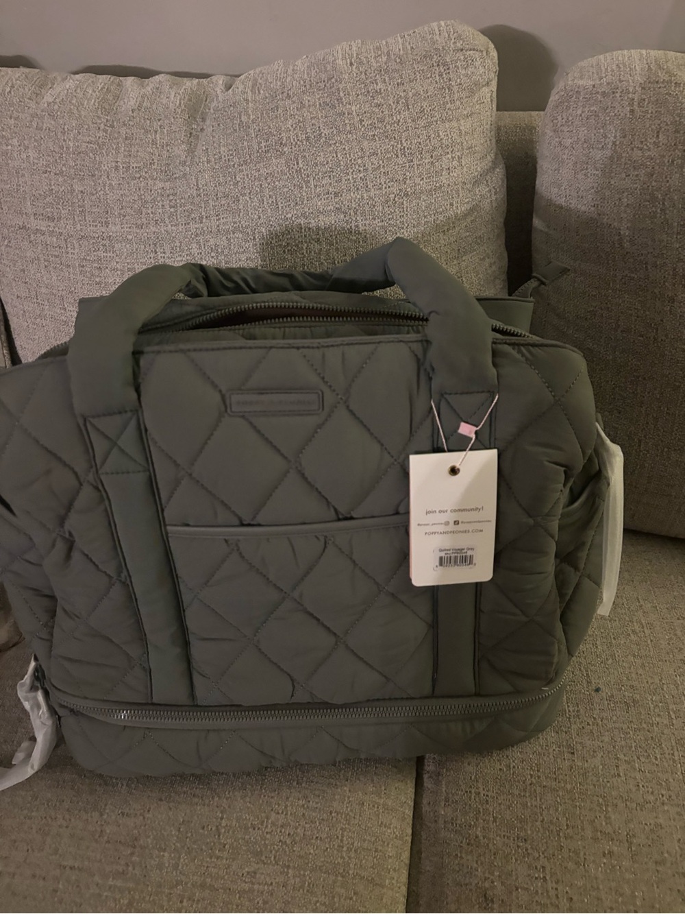 Poppy & Peonies Quilted Travel Tote in Grey